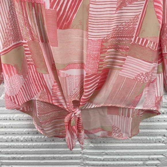 Chico's Drapey Pullover Top Hi-Lo Hem Front Tie V-Neck Pink Tan Abstract Print S - Picture 5 of 13